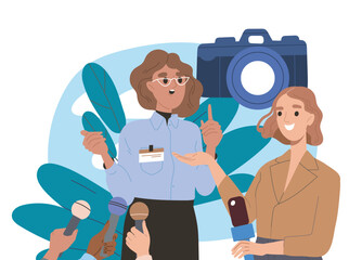 Interview from woman. Young girl with microphone interviews businesswoman. Mass media and journalism. Reporters with microphones. Flat vector illustration isolated on white background