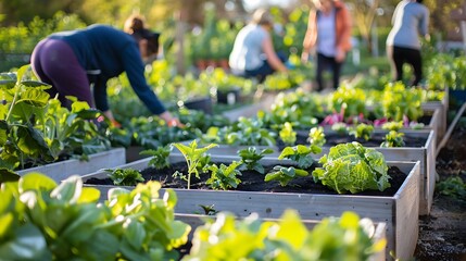 Explore a lively community garden filled with raised beds of various vegetables where neighbors come together planting watering and tending to their shared passion for gardening