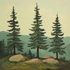 Fototapeta premium Serene landscape of evergreen trees and rocky outcrops in nature's embrace