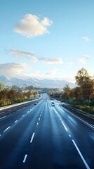 Modern Multi-Lane Freeway with Clear Road Markings Under Bright Sky