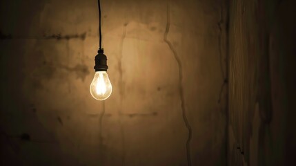 Dark empty room with single flickering light bulb casting long shadows, emphasizing absence of power and eerie atmosphere, minimalist setting with focus on light bulb's glow.