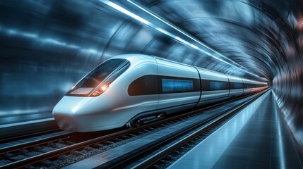 Fototapeta premium A futuristic train speeds through a sleek, illuminated tunnel, showcasing advanced technology and modern design in transportation.