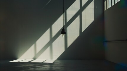 Fototapeta premium Dark empty room with single flickering light bulb casting long shadows, emphasizing absence of power and eerie atmosphere, minimalist setting with focus on light bulb's glow.