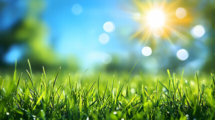 Obraz premium Bright Spring-Themed Background Featuring Lush Green Grass Under Clear Blue Sky
