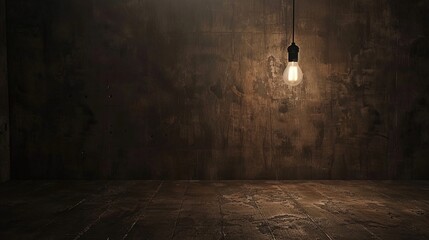 Dark empty room with single flickering light bulb casting long shadows, emphasizing absence of power and eerie atmosphere, minimalist setting with focus on light bulb's glow.