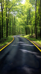 Fototapeta premium Clean Asphalt Road with Yellow Centerlines Stretching into the Distance Under Clear Blue Sky