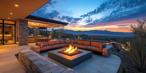 A modern patio with a fire pit and a view of the sunset over the mountains.