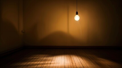 Dark empty room with single flickering light bulb casting long shadows, emphasizing absence of power and eerie atmosphere, minimalist setting with focus on light bulb's glow.