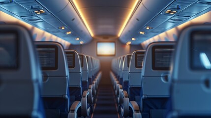 Fototapeta premium Photo of an airplane interior with a blank TV screen on the back of each seat, ready for advertising or digital content display