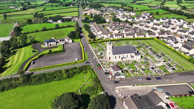 Aerial view of Loughguile Catholic Church in Co Antrim Northern Ireland 