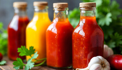 Vibrant Glass Bottles of Assorted Homemade Sauces with Rustic Cork Seals, Paired with Fresh Herbs and Garlic, Perfect for Gourmet Kitchens and Artisanal Cooking