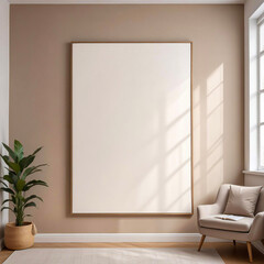 Canvas Frame Mockup Modern Scandinavian Minimalist Interior. With a large blank frame on the wall and a potted green plant, natural light, clean design, wooden floor, and an armchair