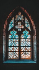 Gothic stained glass window illuminating church interior with sunlight