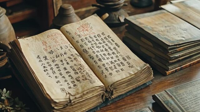 An open book with ancient Chinese characters sits on a wooden table, surrounded by other books
