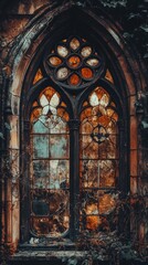 Fototapeta premium Gothic style stained glass window overgrown with ivy in abandoned church