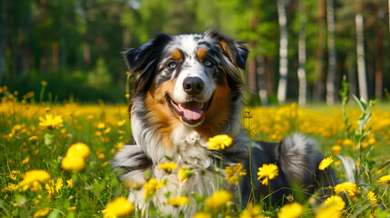 Happy Australian Shepherd Dog Sitting in a Flower-Filled Meadow with a Lush Green Forest Background
