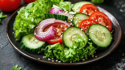 Fresh salad with cucumber, tomatoes, red onion, and sesame seeds on a black plate.