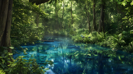 Tranquil Blue Waters Reflecting the Verdant Canopy in a Serene Forest Setting