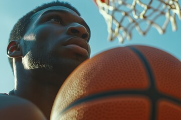 Close up of the basketball ball, The basketball player is in position before shooting