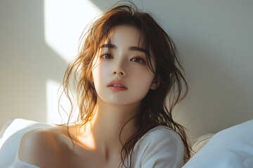 A woman sitting on a bed looking at the incoming sunlight, longitudinal lighting spotlight