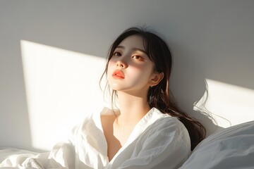 A woman sitting on a bed looking at the incoming sunlight, longitudinal lighting spotlight