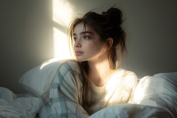 A woman sitting on a bed looking at the incoming sunlight, longitudinal lighting spotlight
