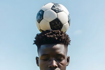Close up of the soccer ball, A black soccer player has a soccer ball on his head