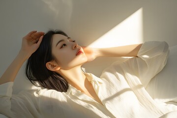 A woman lying on a bed looking at the incoming sunlight, Covering the sunlight with one hand, longitudinal lighting spotlight