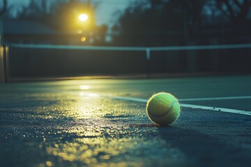 A tennis ball on a tennis court, a little light spotlight