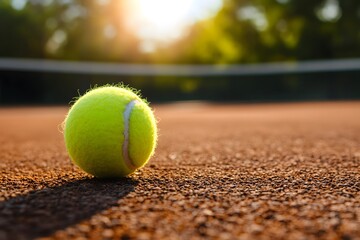 A tennis ball on a tennis court,a bright background during the day time