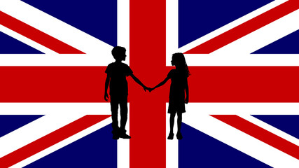 Silhouette of a Boy and Girl Holding Hands on a British Flag