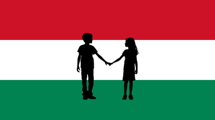 Silhouette of a Boy and Girl Holding Hands on a Hungarian Flag
