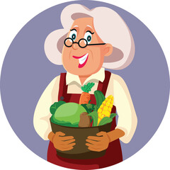 Senior Woman Holding a Basket of Vegetables Vector Cartoon Character. Older granny picking up fresh produce from the garden
