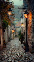 Fototapeta premium Tranquil Cobblestone Street in a Charming European Town at Dusk