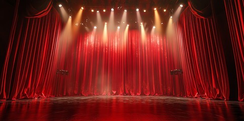 Red velvet stage curtains illuminated with spotlights.