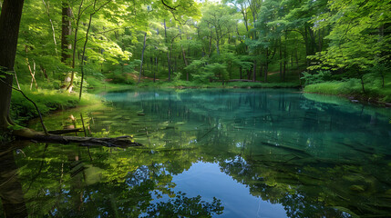 Obraz premium Tranquil Blue Waters Reflecting the Verdant Canopy in a Serene Forest Setting