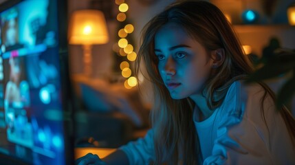 A beautiful young woman with long hair wearing white shirt sitting in front of her computer screen, working on project at night.