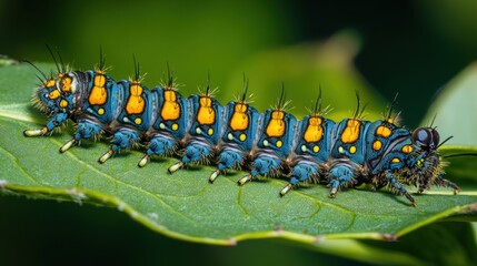 A vibrant blue, yellow, and orange caterpillar with black markings crawls along a green leaf.
