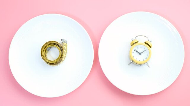 Female hand puts an alarm clock on an empty plate on pink background, top view.
