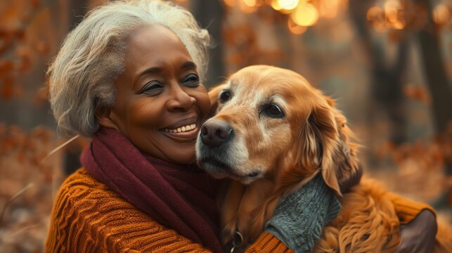 An older black woman with gray hair, wearing an amber-colored sweater and burgundy scarf, smiles as she hugs her golden retriever dog in the park