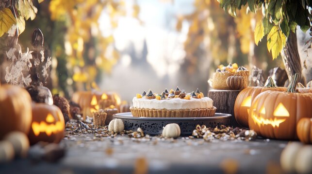 A cozy Halloween family pumpkin pie-eating contest with kids and parents enjoying spooky treats