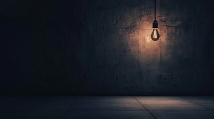 Dark empty room with single flickering light bulb casting long shadows, emphasizing absence of power and eerie atmosphere, minimalist setting with focus on light bulb's glow.