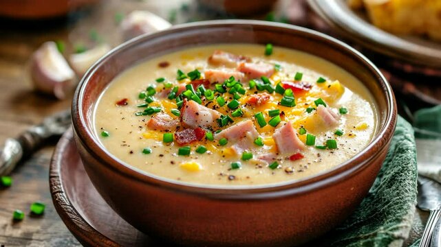 A bowl of steaming corn chowder with ham, cheese, and chives sits on a rustic wooden table