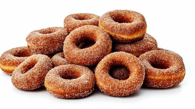A pile of freshly made, sugared donuts sit on a white background