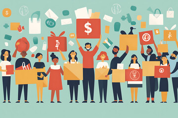 Flat art style illustration showing a fundraising event with people donating, holding charity symbols, and supporting a philanthropic cause.
