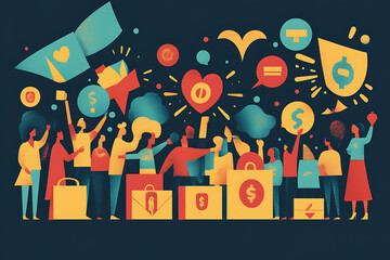 Obraz premium Flat art style illustration showing a fundraising event with people donating, holding charity symbols, and supporting a philanthropic cause. 