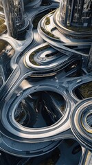 Futuristic cityscape showing modern architecture with winding roads