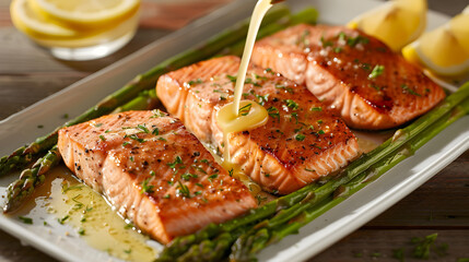 grilled salmon steak with vegetables, Deliciously Succulent Salmon Fillets with Lemon Butter Sauce and Asparagus
