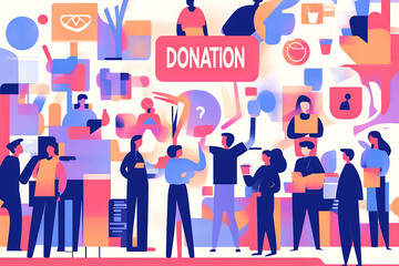 Flat art style illustration showing a fundraising event with people donating, holding charity symbols, and supporting a philanthropic cause.
