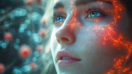 Beautiful female face. Radiant rays emanate from the face. The rays end with pictures of mitochondria, blood vessels, and rose hips.